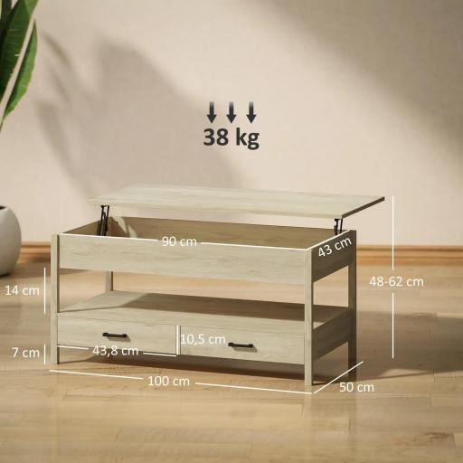 Mesa de Centro Elevable con Almacenamiento Compartimento Oculto Cajones y Estante Abierto 100x50x48-62 cm Roble [5]