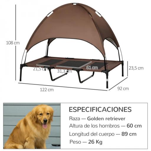 Cama Elevada para Mascotas con Toldo Extraíble Tela Transpirable para Interior y Exterior 122x92x108 cm Marrón [1]