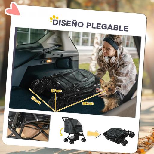 Carrito para Perros Plegable con Mango Reversible Ventana de Malla Cesta de Almacenamiento 76,5x52x95 cm Gris [4]