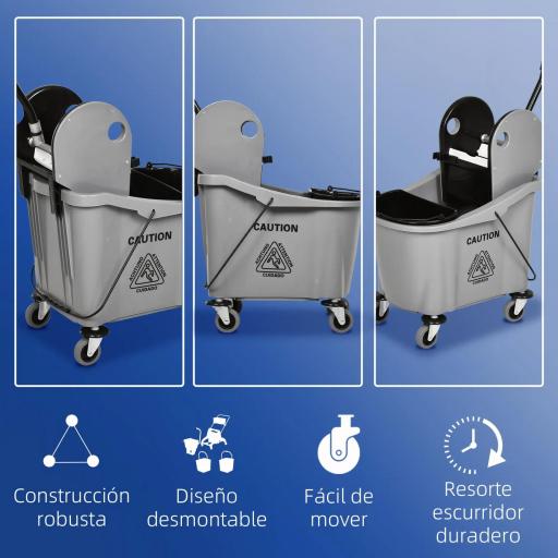 Cubo de Fregona con Ruedas 36L Carro de Limpieza con Escurridor de Presión y 2 Cubetas Separadas 54x41x91,5cm Gris [3]