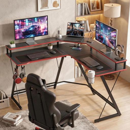 Escritorio Esquinero con Enchufes en Forma de L 128x128 cm con Soporte para Monitor Gancho y Portavasos Negro [3]