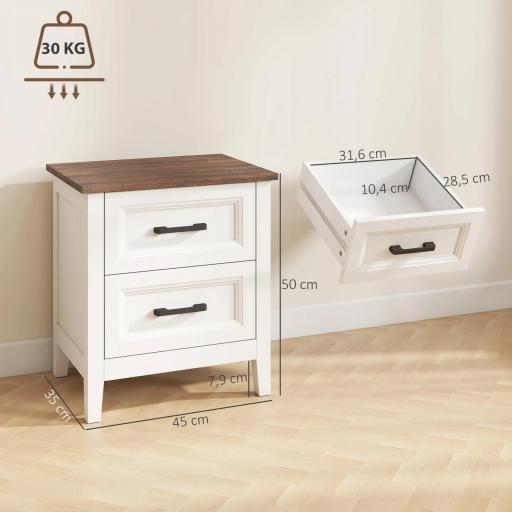 Mesilla de Noche con 2 Cajones Estilo Rústico Mesita para Salón Dormitorio 45x30x50 cm Blanco [1]