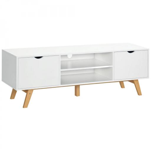 Mesa para Televisores de 65 Pulgadas Módulo TV con 2 Armarios 2 Estantes Abiertos y Patas de Madera 150x39x50 cm Blanco [9]