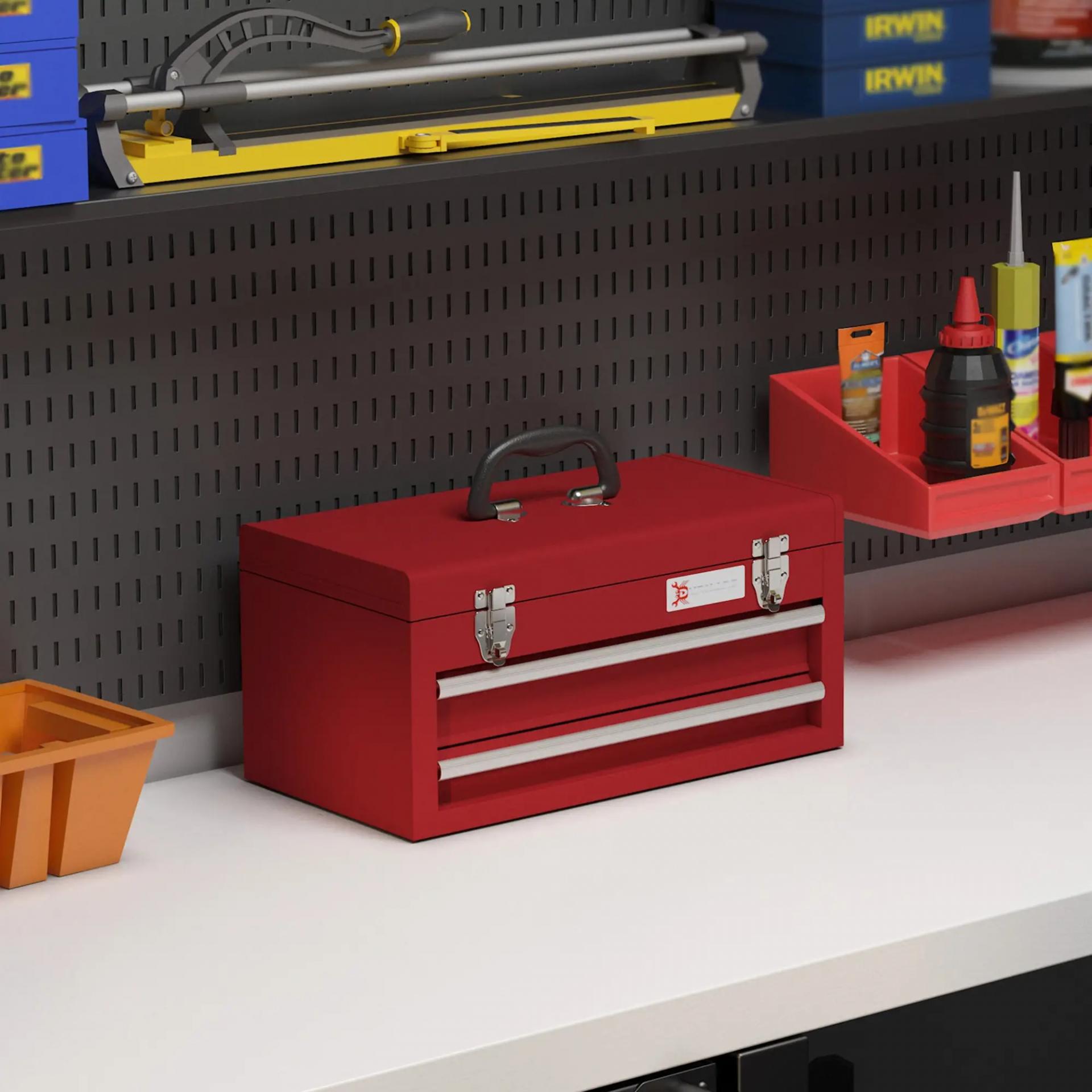 Caja de Herramientas de Acero con 2 Cajones Bandeja Tapa Abatible Cierres Metálicos y Asa 46x24x22 cm Rojo