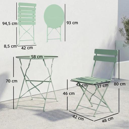 Conjunto de Jardín Plegable con 2 Sillas Plegables Mesa Redonda Estructura Metálica Electrofórica para Balcón Verde [1]