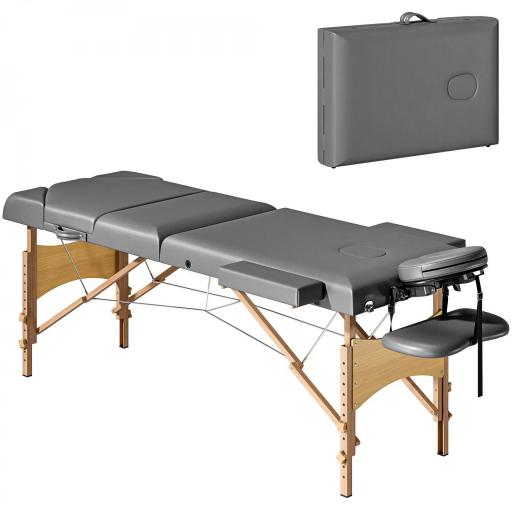 Camilla Masaje Plegable de Madera de 3 Zonas con Altura Respaldo Reposacabezas Ajustables Brazos 215x60x64-89 cm Gris [9]