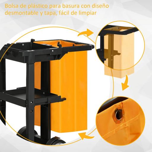 Carro de Limpieza con Bolsa con Ruedas y 3 Estantes Carro para Limpieza para Hotel 121x50,5x96,5 cm Negro y Amarillo [3]