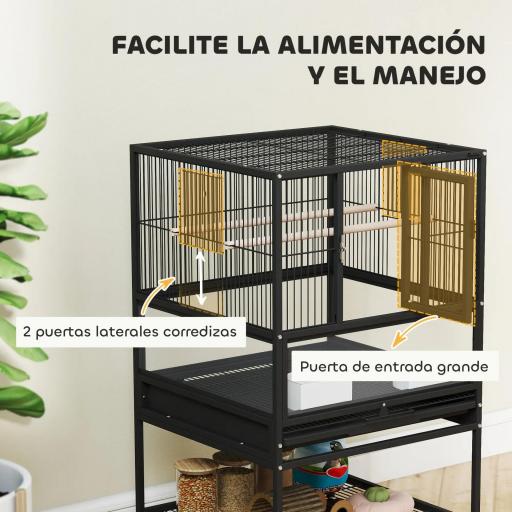 Jaula para Pájaros con Paneles Acrílicos Comederos Soporte Ruedas y Estante Inferior 48x46x83 cm Negro [4]