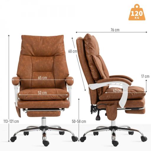 Silla de Escritorio con Soporte Lumbar Inflable Tapizada en PU Reposapiés Respaldo Reclinable Altura Ajustable Marrón [1]