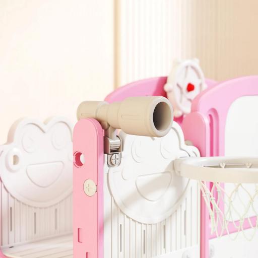 Tobogán Infantil 7 en 1 Temática de Rana con Aro de Baloncesto Túnel Pizarra Telescopio Escalador y Cajas Rosa [7]