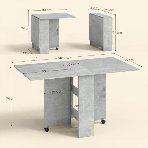 Mesa de Cocina Plegable con Ruedas 2 Estantes de Almacenaje y 2 Alas Abatibles Estilo Moderno 75x140x74 cm Gris Cemento [3]