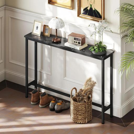 Consola Recibidor Estrecha con Superficie con Efecto Mármol y Marco de Metal 100x20x66 cm Negro