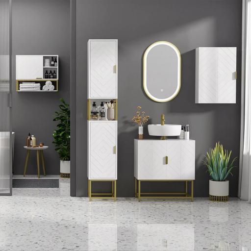 Mueble para Debajo del Lavabo Moderno Armario Bajo con 2 Puertas y Patas de Acero 60x30x65 cm Blanco y Dorado [9]