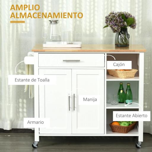 sla de Cocina con Ruedas Mueble Auxiliar de Cocina con Cajón Estantes y Barra Lateral 107,5x48x89 cm Blanco [2]