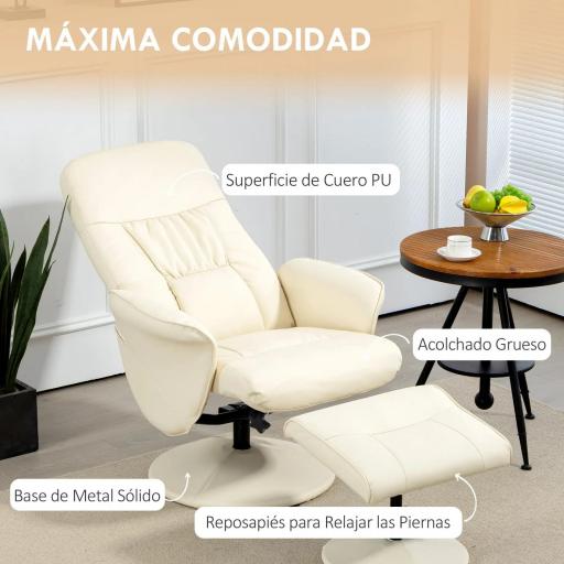 Sillón de Relax con Reposapiés Respaldo Reclinable hasta 145° para Salón Dormitorio Oficina 76x81x101 cm Crema [3]