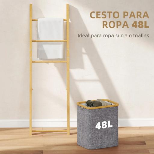 Estantería para Baño de Bambú Toallero de Pie con 3 Barras Cesto para Ropa Sucia Extraíble de 48 L Gris [8]