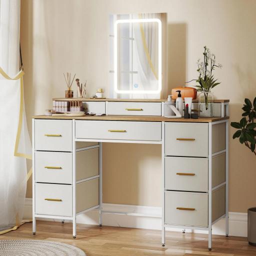 Tocador de Maquillaje con Luces LED de 3 Colores Espejo Tocador con 10 Cajones de Tela Patas de Acero Natural [5]