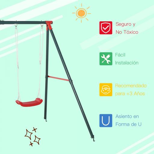 Columpio Doble para Niños +3 Años con Soporte de Metal Juego de Columpio Infantil Cuerda Ajustable Exteriores Carga Máx. 40kg 239x156x180 cm Verde Rojo [3]