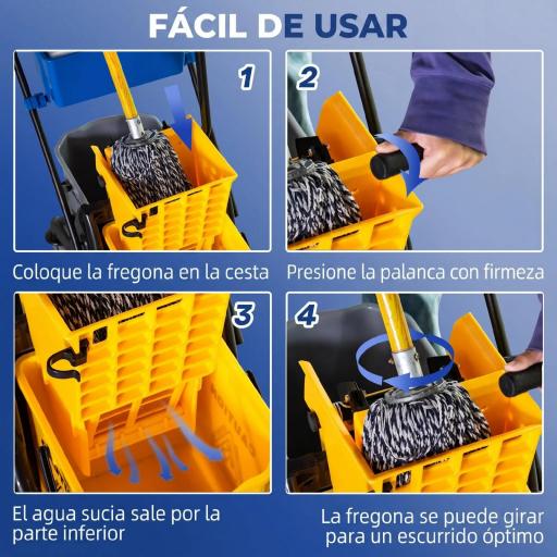 Cubo de Fregona 26 L con Ruedas Sistema de Escurridor Asa de Transporte y Doble Cubetas 78x45x95 cm Multicolor [3]