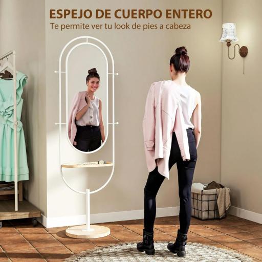 Espejo de Cuerpo Entero 175,5x50 cm con Bandeja de Madera 4 Ganchos y Marco de Metal para Salón Dormitorio Blanco [2]
