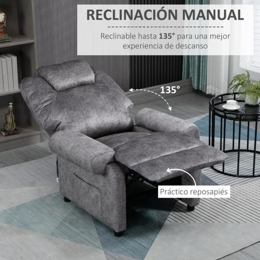 Sillón Relax Reclinable Manual hasta 135º con Reposabrazos Reposapiés Acolchado Grueso Gris [7]