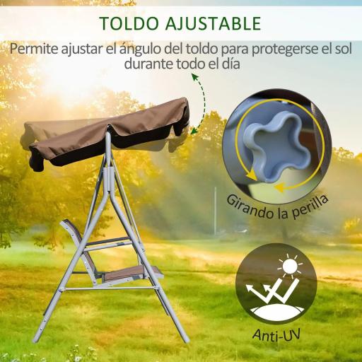 Columpio Jardín Exterior Balancín Jardín Exterior de 3 Plazas con Toldo Ajustable Respaldo Transpirable y Marco de Metal para Terraza Balcón Carga 240 kg 171x108x150 cm Marrón [5]