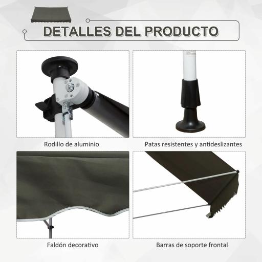 Toldo Manual Retráctil 300x150x170-280 cm con Altura Ajustable Manivela y Protección Solar para Terraza Gris [4]