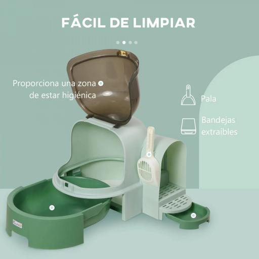 Arenero para Gatos en Forma de Cápsula Espacial con 2 Bandejas Extraíbles y Pala 52x60x42 cm Verde [5]