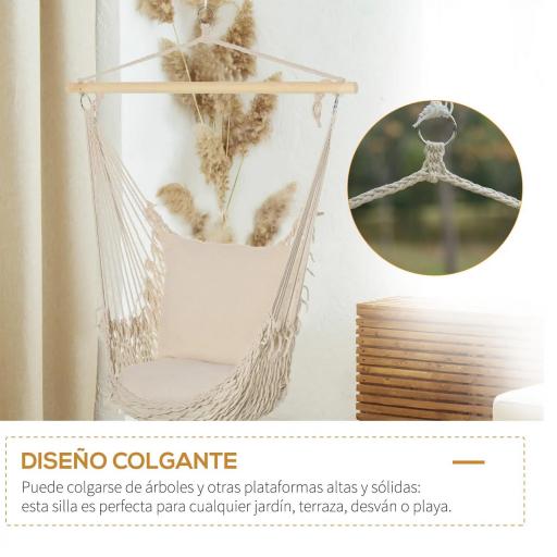 Silla Colgante Silla Hamaca Columpio con 2 Cojines Barra de Madera Carga 120 kg para Interior y Exterior Crema [3]