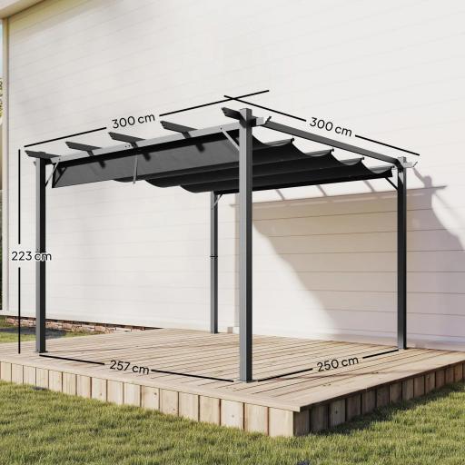 Pérgola de Jardín 3x3 m con Techo Retráctil Protección UPF30+ Drenaje Marco de Aluminio para Patio Exterior Gris Oscuro [1]