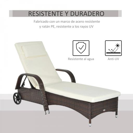 Tumbona de Ratán de Jardín Chaise Longue con Respaldo Ajustable en 5 Posiciones Cojines Acolchados Reposacabezas y 2 Ruedas Carga 160 kg 200x73x30-103 cm Crema y Marrón [2]