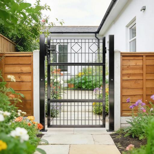 Puerta de Jardín 100 x 131 cm Puerta de Valla de Metal Galvanizado con Cerradura Llaves Manilla y 2 Postes Gris Oscuro [6]