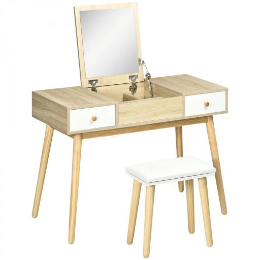 Tocador de Maquillaje con Espejo Abatible 100 cm Mesa de Maquillaje con Taburete Acolchado Cojín Suave Compartimentos y Cajones Patas de Madera Maciza Color Natural [10]