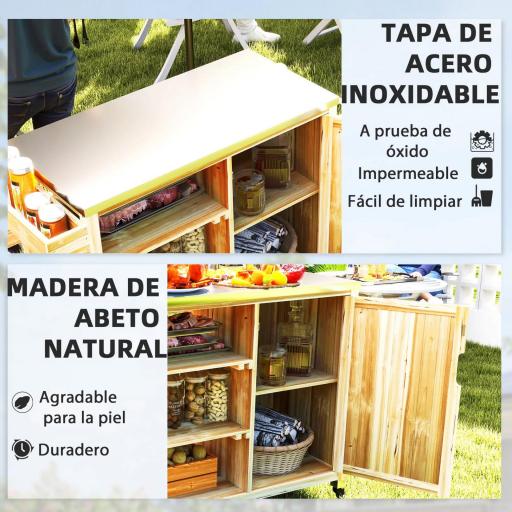 Carrito de Parrilla de Madera con 4 Ruedas Estantes Armario y Encimera de Acero Inoxidable 134,5x50x91,5 cm Natural [3]