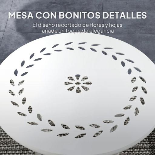 Mesa de Jardín Redonda de Acero con Diseño de Flores y Hojas Patas Ajustables y Estructura en Forma de X Ø40x50cm Blanco [5]