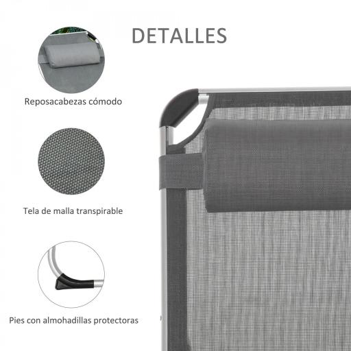 Tumbona Plegable Reclinable de Aluminio con Reposacabezas Extraíble y Respaldo Transpirable Ajustable en 4 Posiciones para Jardín Terraza Camping Exterior 165x60x76 cm Gris [2]