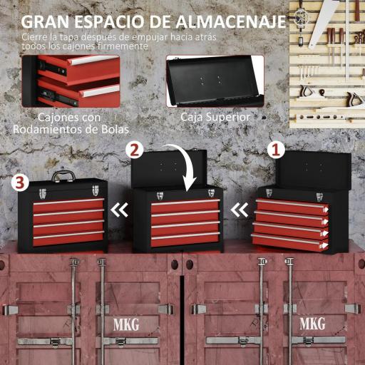 Caja de Herramientas de Acero con 4 Cajones Bandeja Tapa Abatible y Cierres Metálicos 51x22x39,5 cm Negro y Rojo [8]