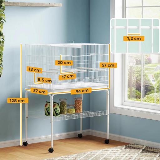 Jaula para Pájaros con Divisor Comederos Bandeja Extraíble y Soporte para Canarios y Periquitos 94x57x57/128 cm Blanco [1]