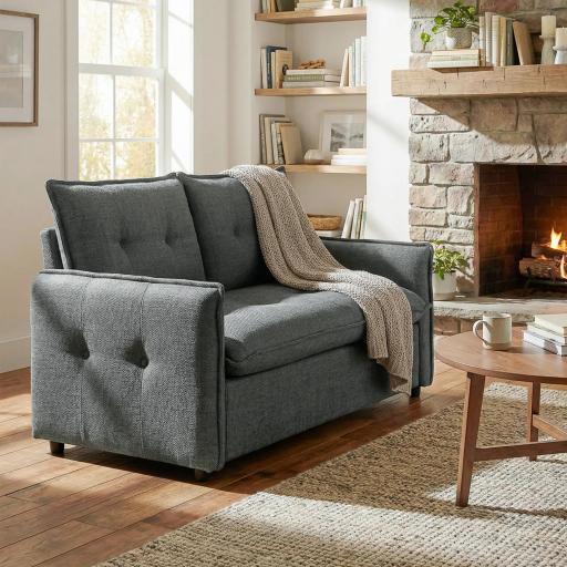 Sofá de 2 Plazas Tapizado en Lino con Acolchado Grueso, Diseño Capitoné para Espacios Pequeños 131x75x85 cm Gris Oscuro [5]