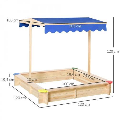 Arenero de Madera para Niños con Techo Cajón de Arena Toldo Ajustable Espacioso 120x120x120 cm para Jardín Exterior al Aire Libre Color Madera Natural [1]