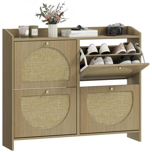 Zapatero Estrecho con 4 Puertas de Ratán con Estantes Ajustables para 16 Pares de Zapatos 104,5x24x88 cm Natural [8]