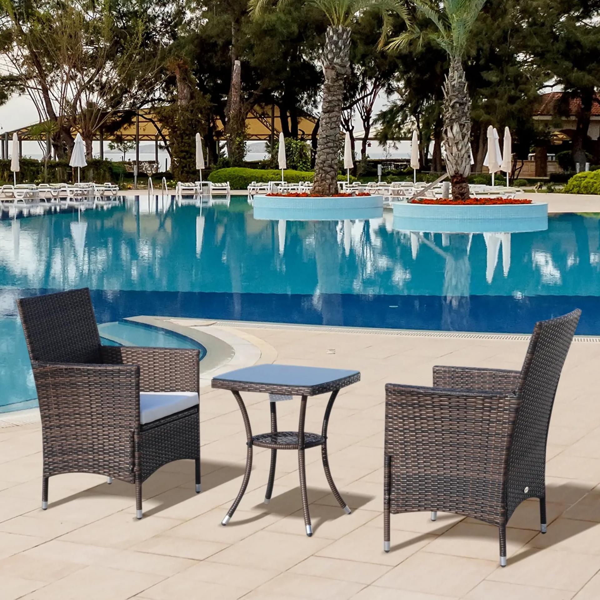 Conjunto de Muebles para Jardín Juegos de Muebles de Ratán Incluye 1 Mesa y 2 Sillones con Cojines Estructura de Metal para Terraza Patio Marrón
