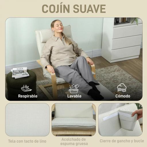 Sillón con Reposapiés Sillón Lectura con Respaldo Alto Reposacabezas Extraíble Patas de Madera y Tapizado en Lino Crema [3]
