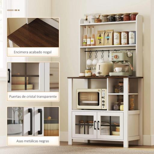 Alacena de Cocina con 6 Ganchos para Tazas 2 Puertas de Vidrio Estantes Abiertos 80x40x152 cm Blanco [5]