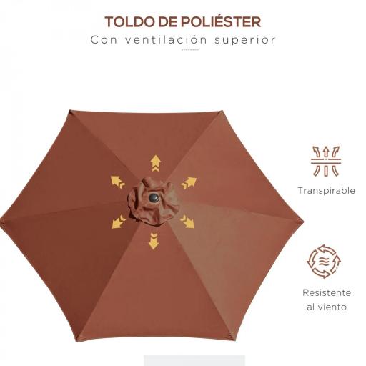 Sombrilla para Jardín Ø260x235 cm Parasol de Aluminio Reclinable con Manivela y 6 Varillas de Metal Café [5]