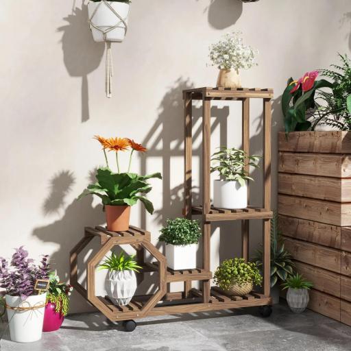 Soporte para Plantas con Ruedas Soporte para Macetas de 5 Niveles de Madera Uso Interno Externo 86x30x102 cm Carbonizado