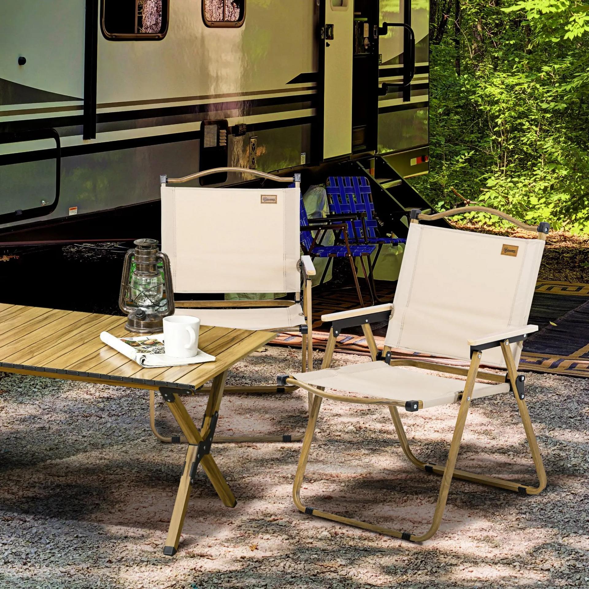 Set 2 Sillas de Jardín Plegables con Reposabrazos Sillas para Camping y Playa en Tela Oxford y Acero 54x59x78 cm Caqui