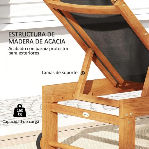 Tumbona de Jardín con Respaldo Ajustable Ruedas Integradas y Estructura de Madera de Acacia Capacidad de 160 kg Negro [3]