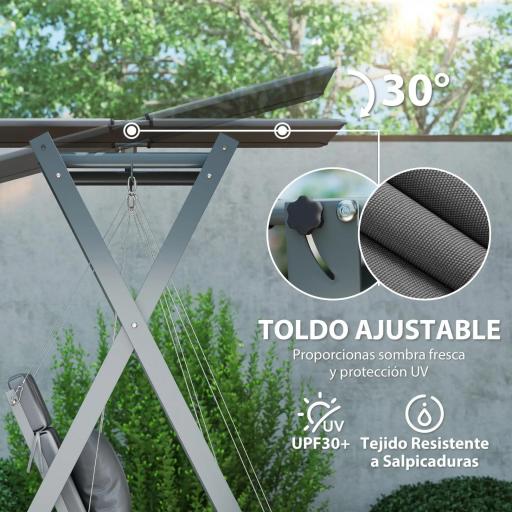 Columpio de Jardín de 2 Plazas Convertible en Cama con Toldo Ajustable UV30+ y Cojines 142x130x168 cm Gris Oscuro [2]