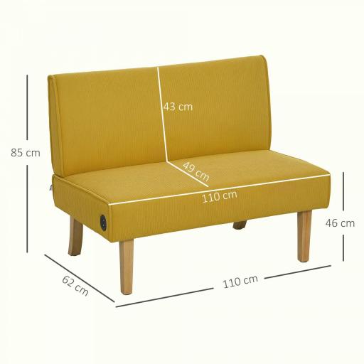 Sofá de 2 Plazas Tapizado en Pana con 2 Puertos USB 1 Puerto Tipo-C y Patas de Madera Carga 240 kg 110x60x85 cm Amarillo [1]